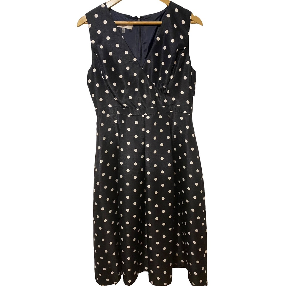 Kasper Blue Ivory Polka Dot Midi Dress Surplice V Neck Retro Classic NWT